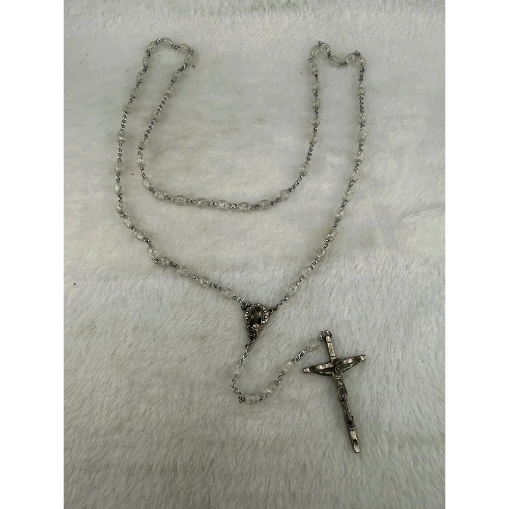 Vintage Italy Rosary Clear Faceted Plastic Beads Silver Tone Sacred Heart READ